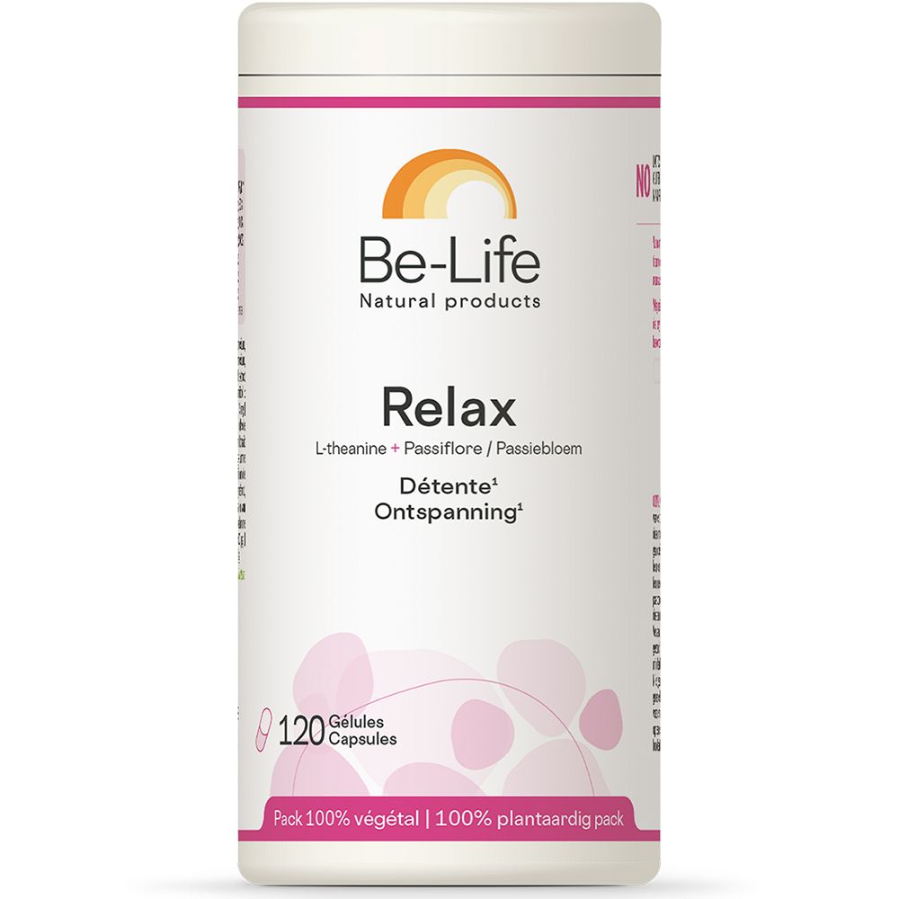 Boîte cylindrique "Be-Life Relax". Contient 120 gélules. Couleurs rose et blanc. Texte en allemand, français et néerlandais.
