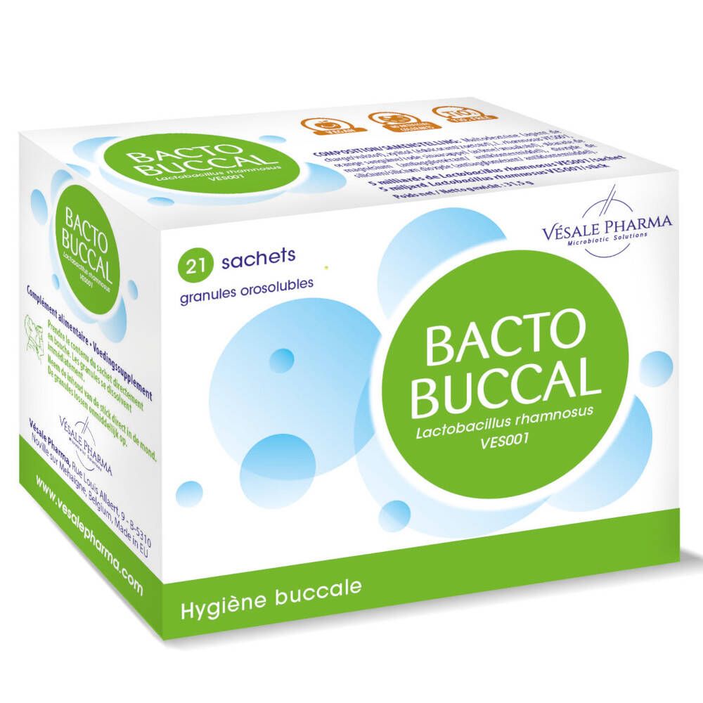 Boîte blanche avec cercle vert et nom du produit. Contient 21 sachets de granulés orodispersibles. Marque : BactoBuccal, Vesale Pharma.