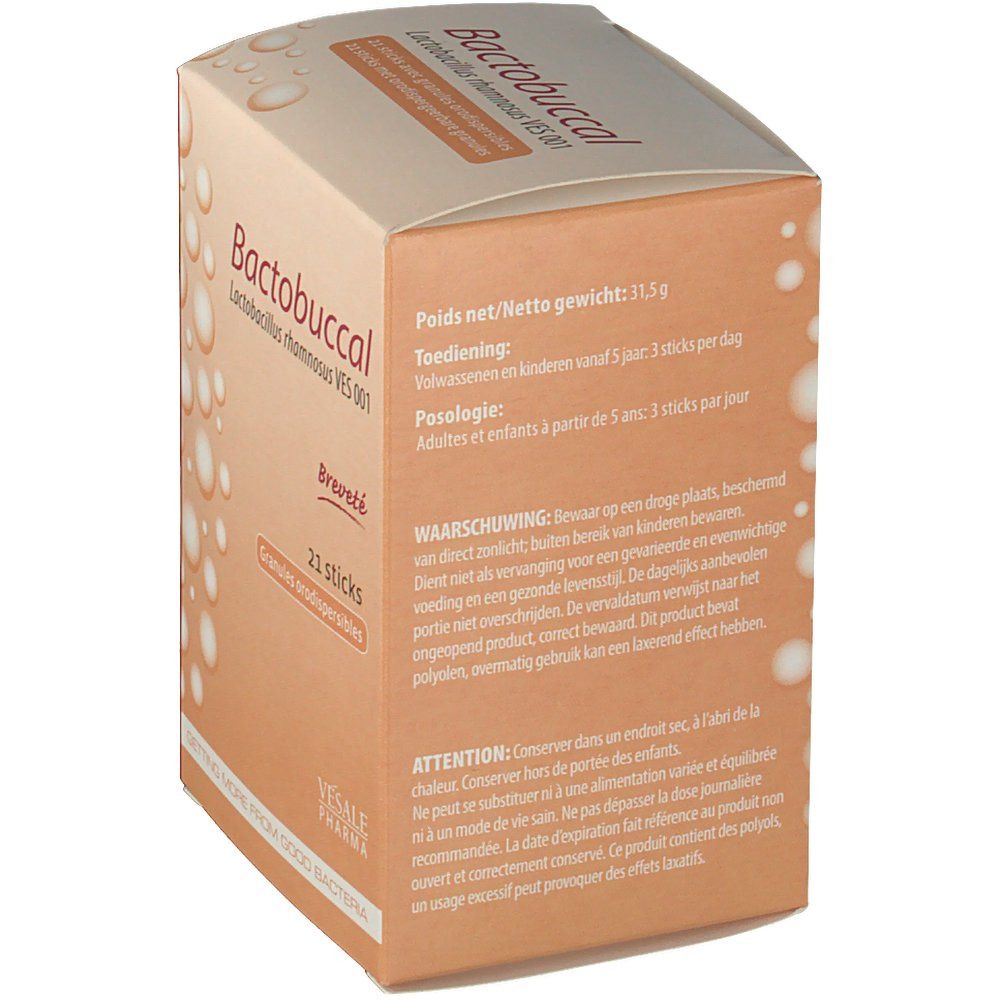 Boîte beige avec nom du produit et texte. Contient 21 sticks. Contient des informations sur le dosage et les avertissements. Marque : BactoBuccal, Vesale Pharma.