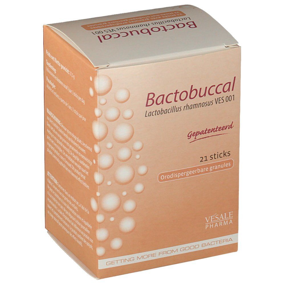 Boîte beige avec nom du produit et texte. Contient 21 sticks. Marque : BactoBuccal, Vesale Pharma. Impression : Gepattenteerd.