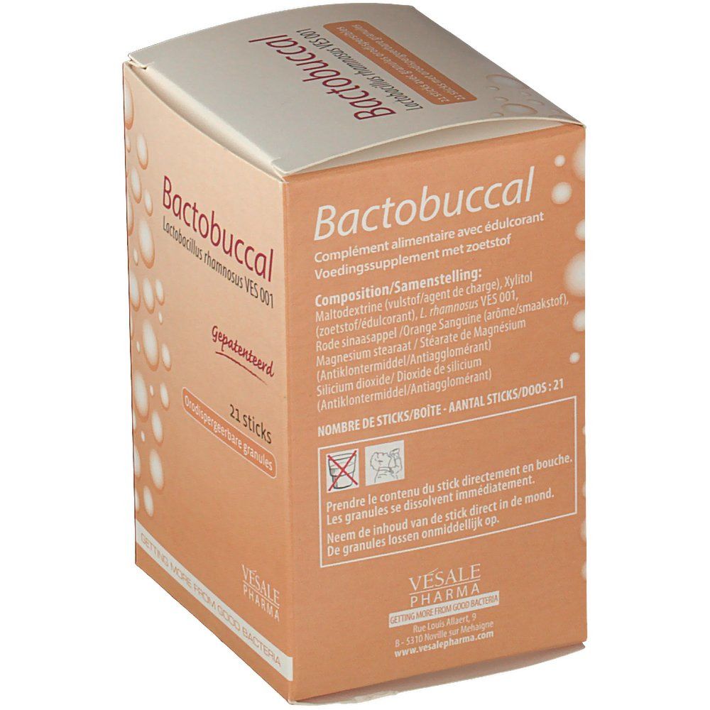 Boîte beige avec nom du produit et texte. Contient 21 sticks. Contient des informations sur la composition. Marque : BactoBuccal, Vesale Pharma.