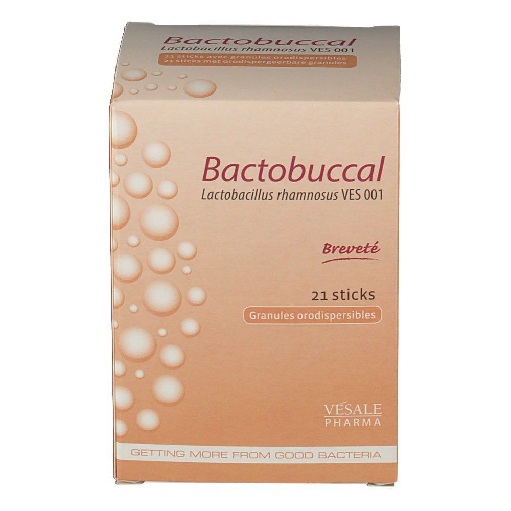 Boîte beige avec nom du produit et texte. Contient 21 sticks. Marque : BactoBuccal, Vesale Pharma. Impression : Breveté.
