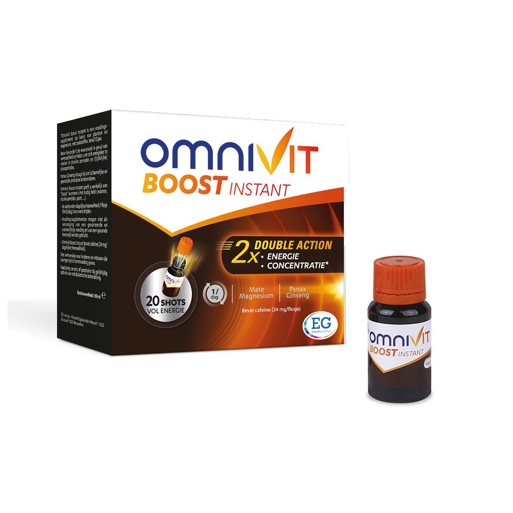 Omnivit Boost Instant. Flesje en verpakking. 20 shots. Dubbele werking: Energie & concentratie. Bevat cafeïne.