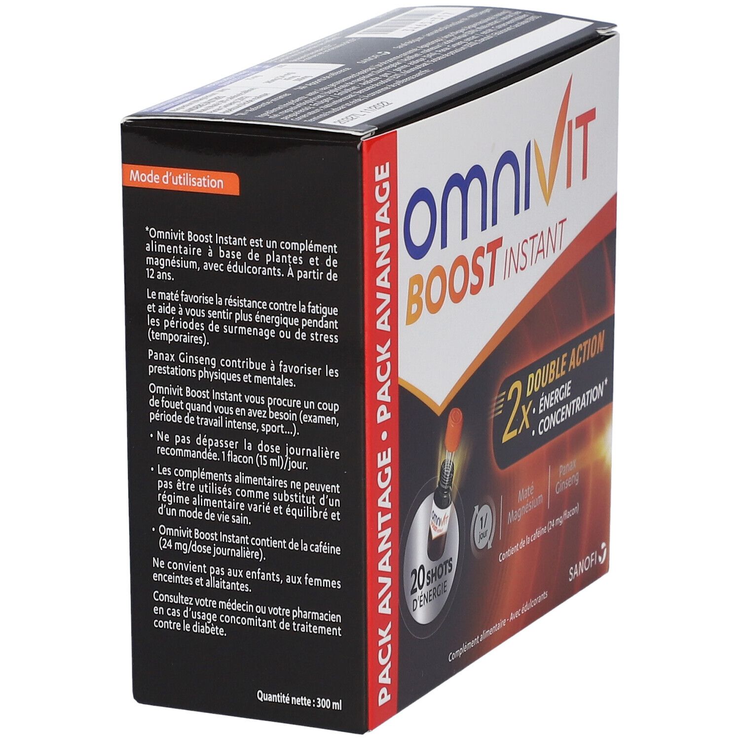 Omnivit Boost Instant Pack. Doos met oranje en wit ontwerp. Bevat 20 shots. Dubbele Actie: Energie & Concentratie.