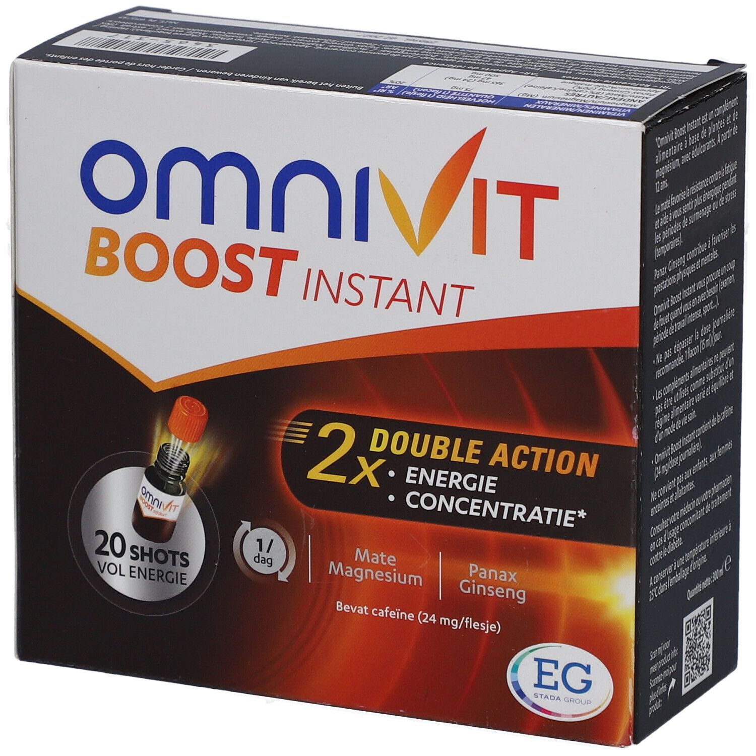 Omnivit Boost Instant Pack. Doos met oranje en wit ontwerp. Bevat 20 shots. Dubbele Actie: Energie & Concentratie.