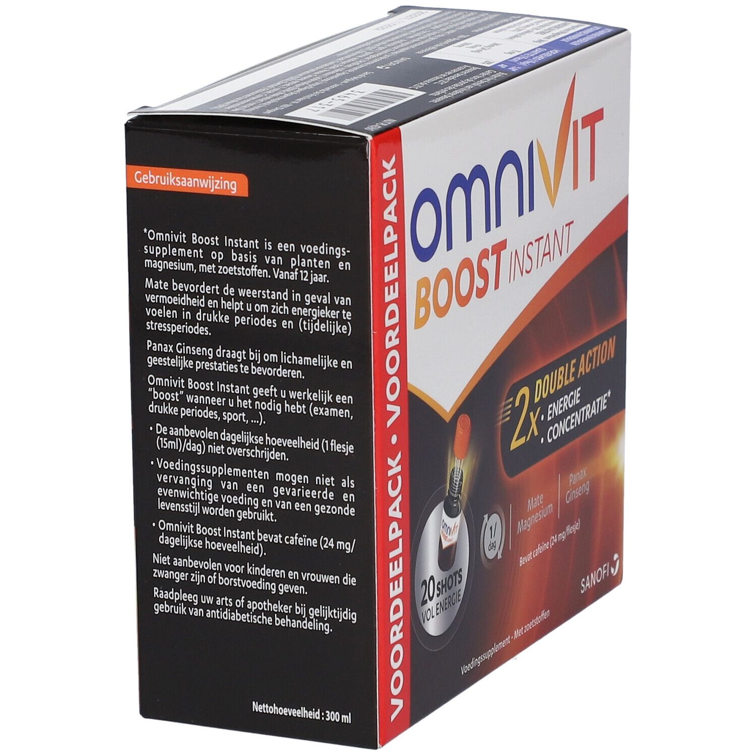 Omnivit Boost Instant Pack. Doos met oranje en wit ontwerp. Bevat 20 shots. Dubbele Actie: Energie & Concentratie.