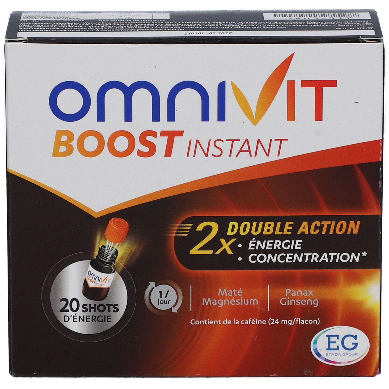 Omnivit Boost Instant Pack. Doos met oranje en wit ontwerp. Bevat 20 shots. Dubbele Actie: Energie & Concentratie.