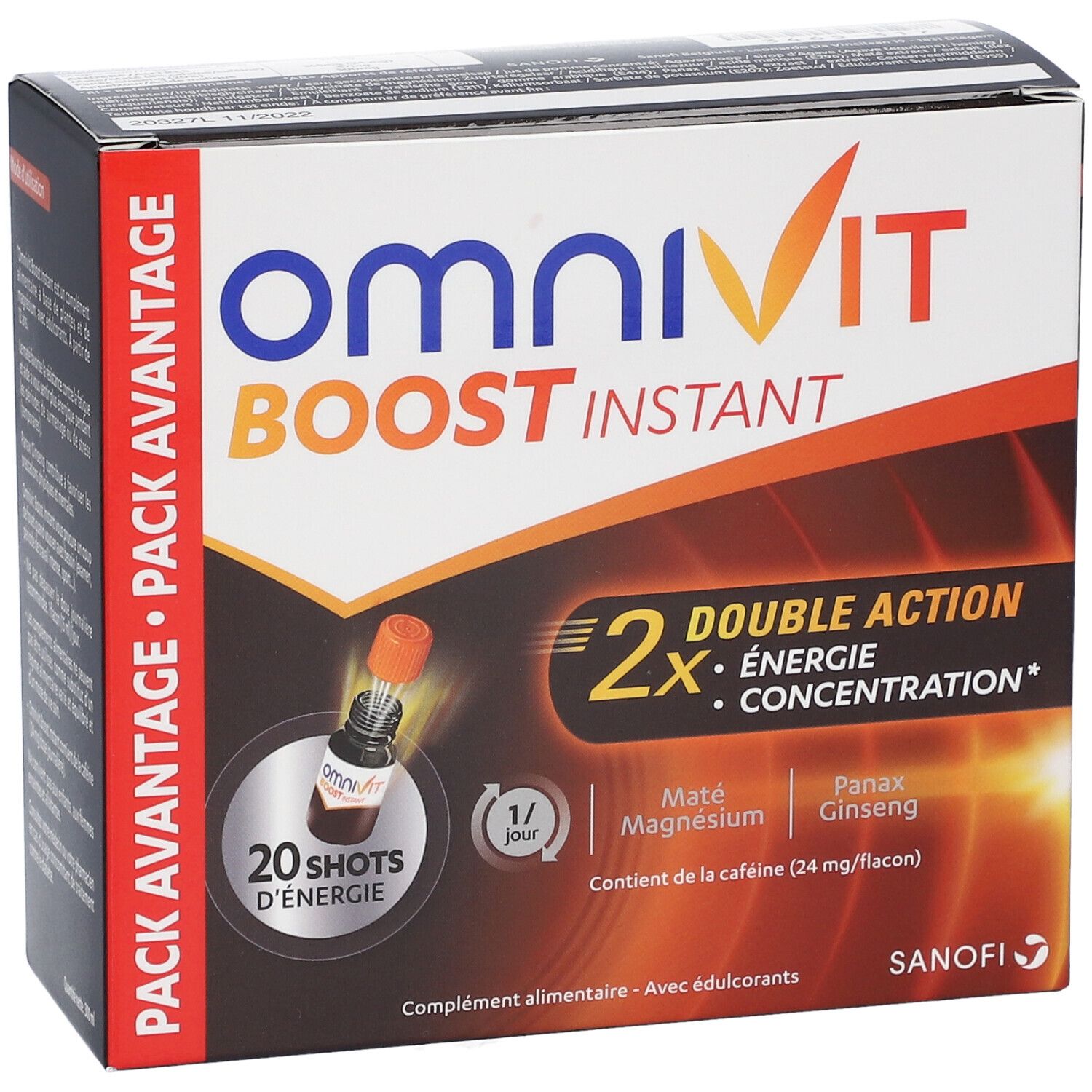 Omnivit Boost Instant Pack. Doos met oranje en wit ontwerp. Bevat 20 shots. Dubbele Actie: Energie & Concentratie.