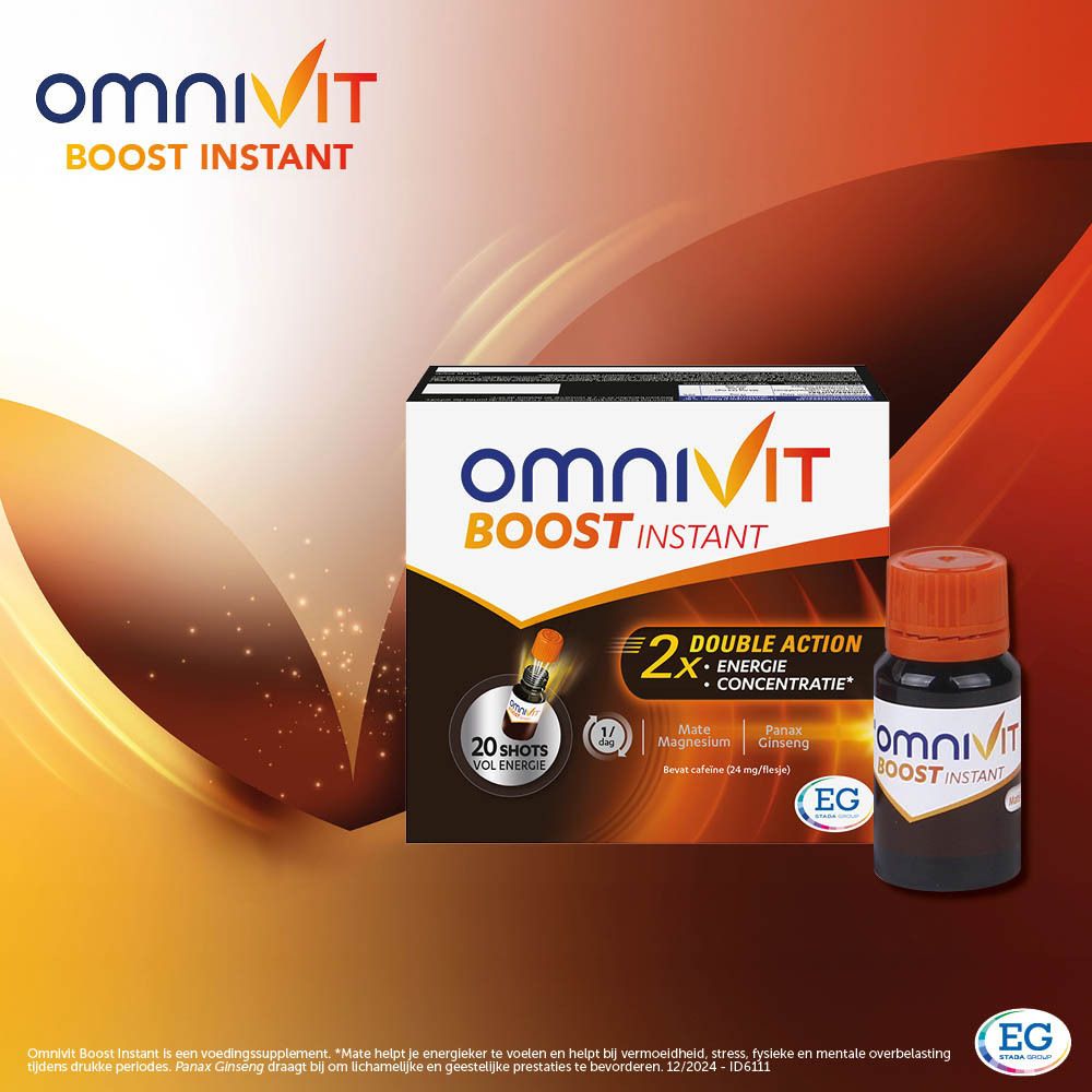 Omnivit Boost Instant. Flesje en verpakking. 20 shots. Dubbele werking: Energie & concentratie. Bevat cafeïne.