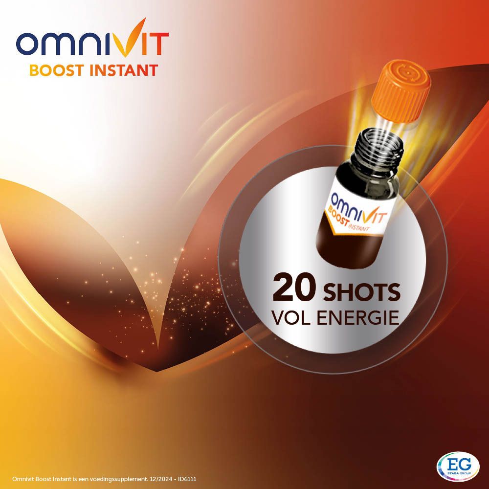 Omnivit Boost Instant. Flesje en verpakking. 20 shots. Dubbele werking: Energie & concentratie. Bevat cafeïne.