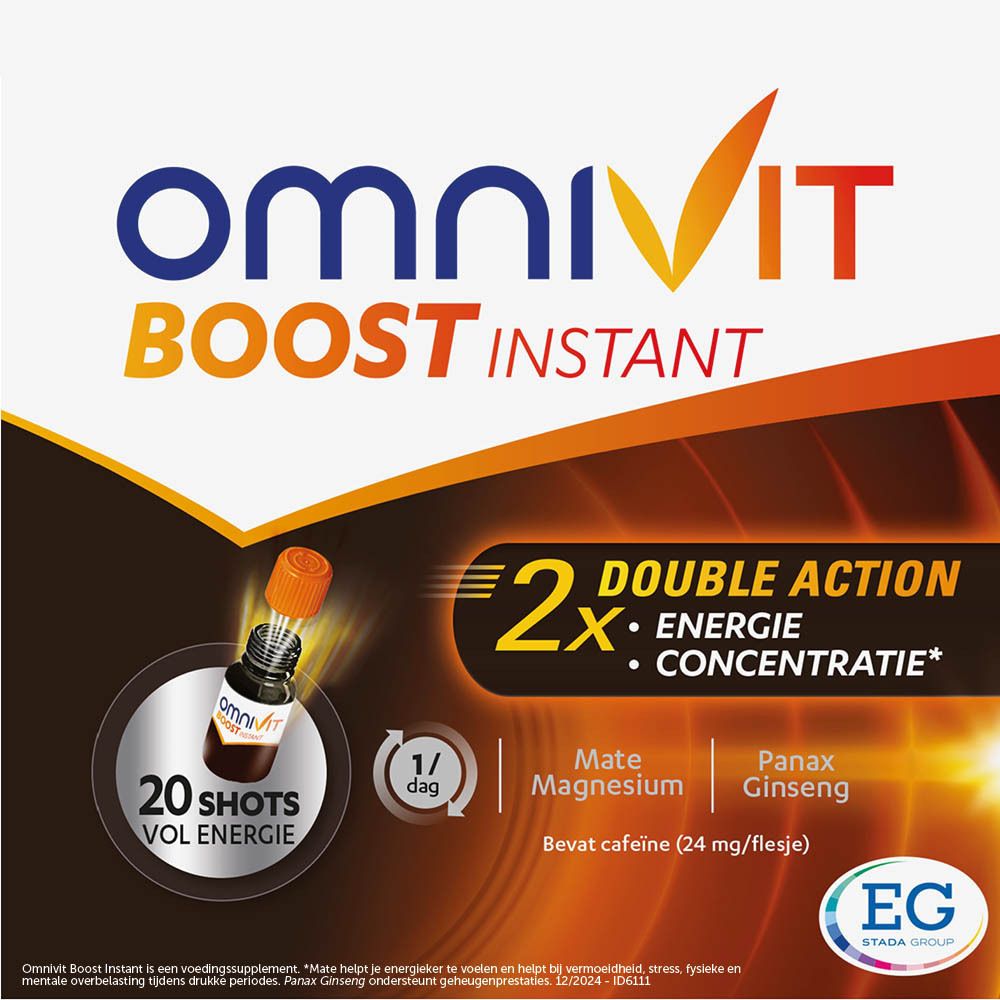Omnivit Boost Instant. Flesje en verpakking. 20 shots. Dubbele werking: Energie & concentratie. Bevat cafeïne.