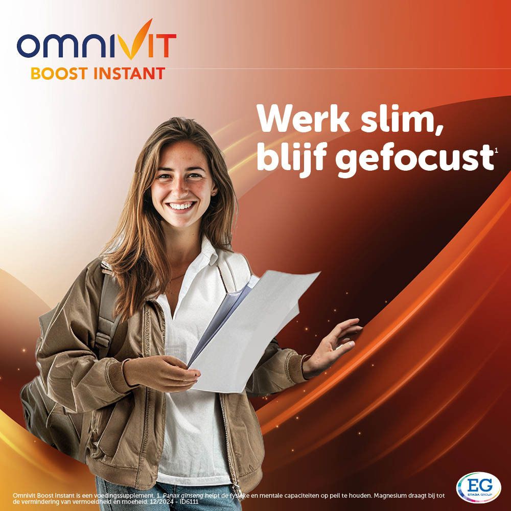 Omnivit Boost Instant. Flesje en verpakking. 20 shots. Dubbele werking: Energie & concentratie. Bevat cafeïne.