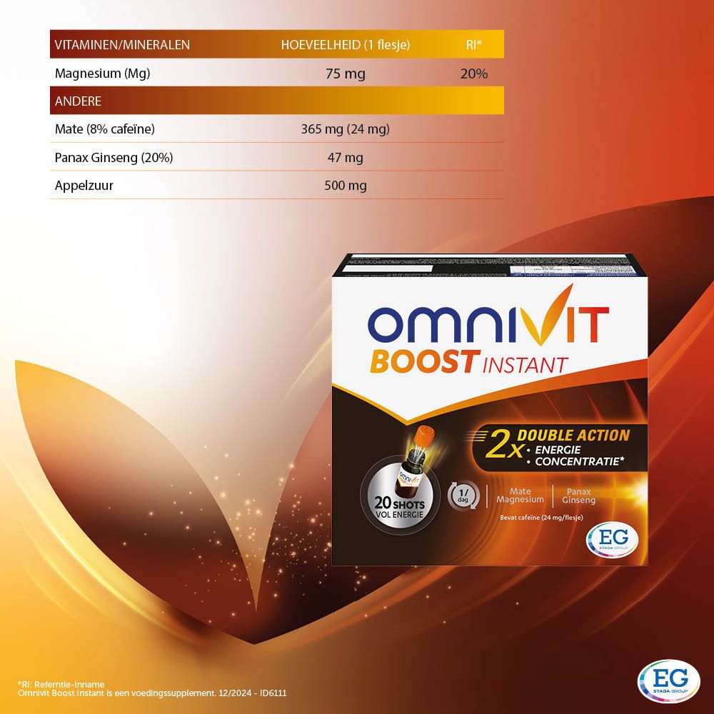 Omnivit Boost Instant. Flesje en verpakking. 20 shots. Dubbele werking: Energie & concentratie. Bevat cafeïne.