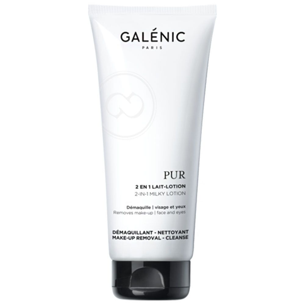 Tube blanc avec bouchon noir. Inscription : GALÉNIC PARIS, PUR 2 en 1 Lait-Lotion. Texte : Démaquillant.