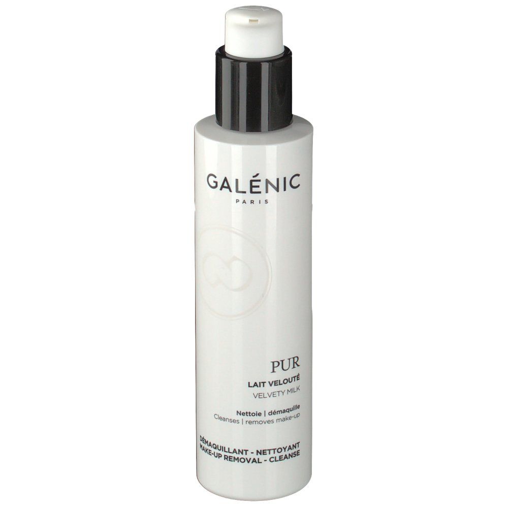 Flacon blanc avec pompe noire. Inscription : GALÉNIC PARIS, PUR Lait Velouté, démaquillant.