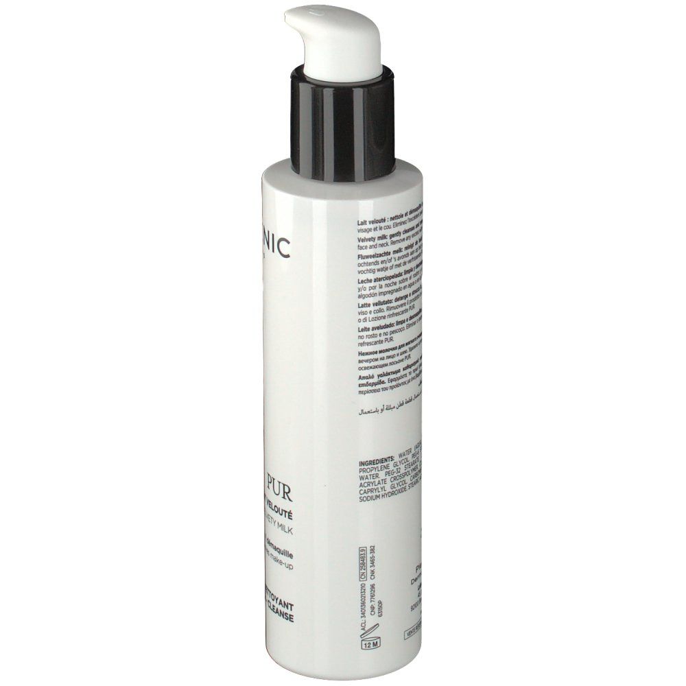Flacon blanc avec pompe noire. Dos avec texte multilingue. Ingrédients et informations fabricant.