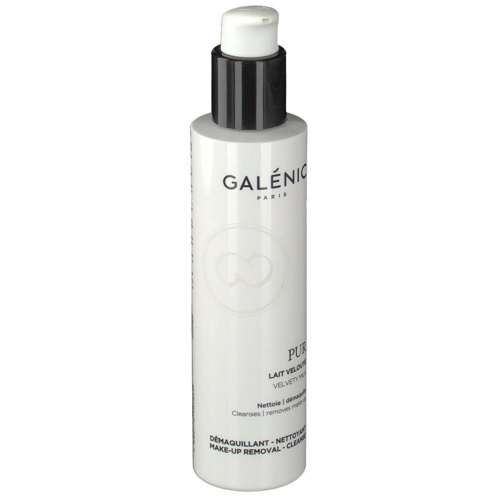 Flacon blanc avec pompe noire. Inscription : GALÉNIC PARIS, PUR Lait Velouté, démaquillant.