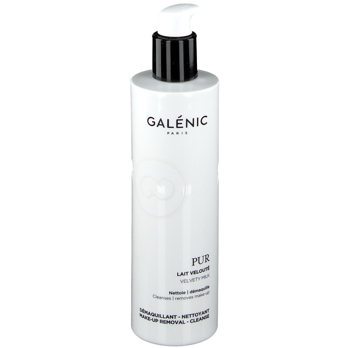 Witte fles met zwarte pomp. Opschrift GALÉNIC PARIS, PUR Lait Velouté. Reinigt en verwijdert make-up.