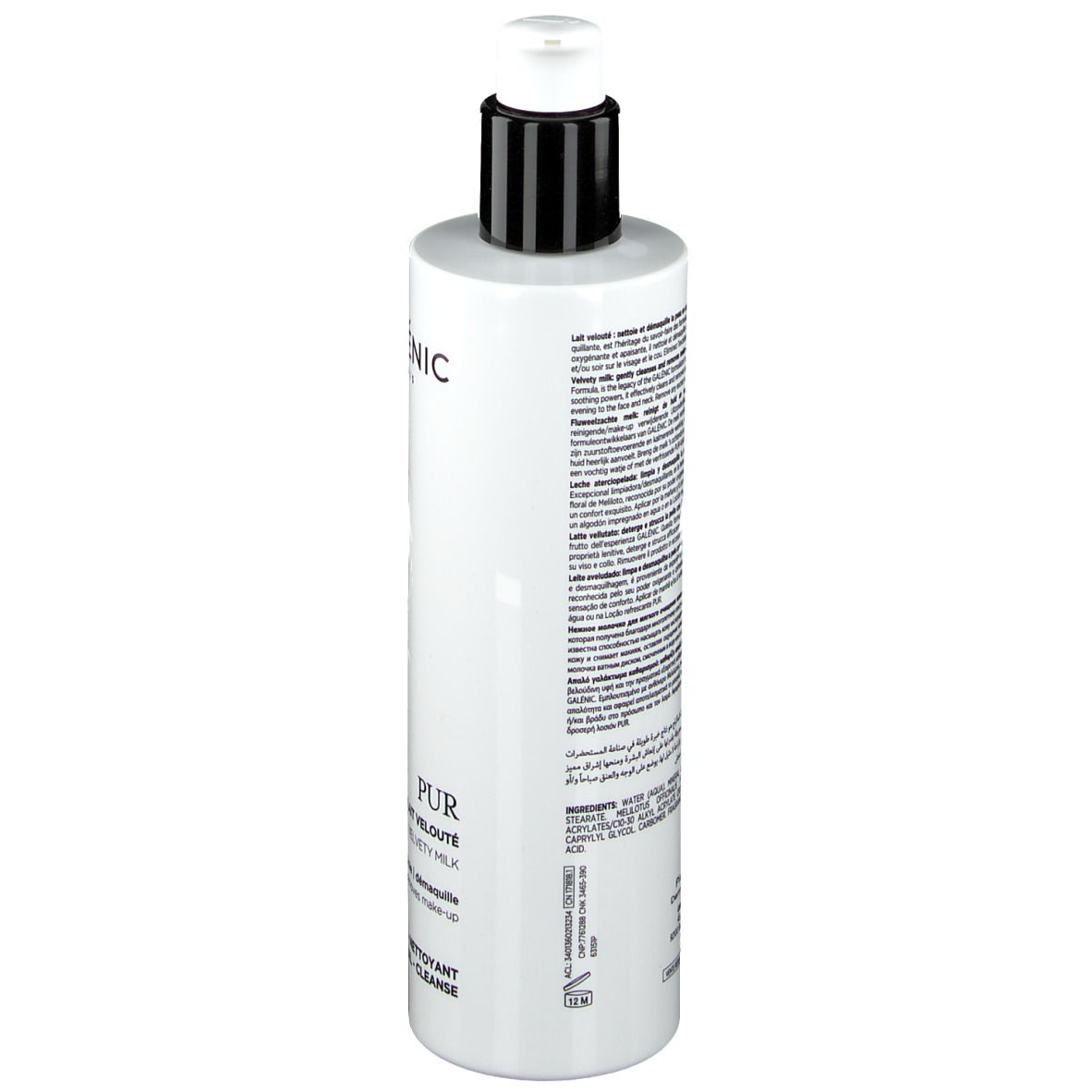 Witte fles met zwarte pomp. Achterkant met tekst. Opschrift GALÉNIC PARIS, PUR Lait Velouté. 400 ml.