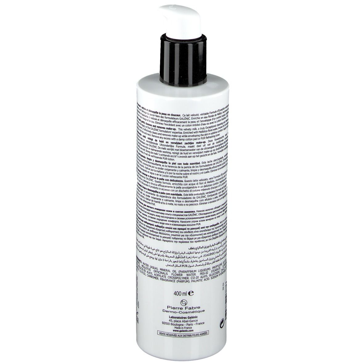 Witte fles met zwarte pomp. Achterkant met tekst. Opschrift GALÉNIC PARIS, PUR Lait Velouté. 400 ml.