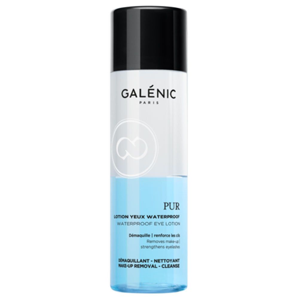 Flacon cylindrique avec bouchon noir. Inscription : GALÉNIC PARIS, PUR, Lotion Yeux Waterproof. Liquide bleu visible.