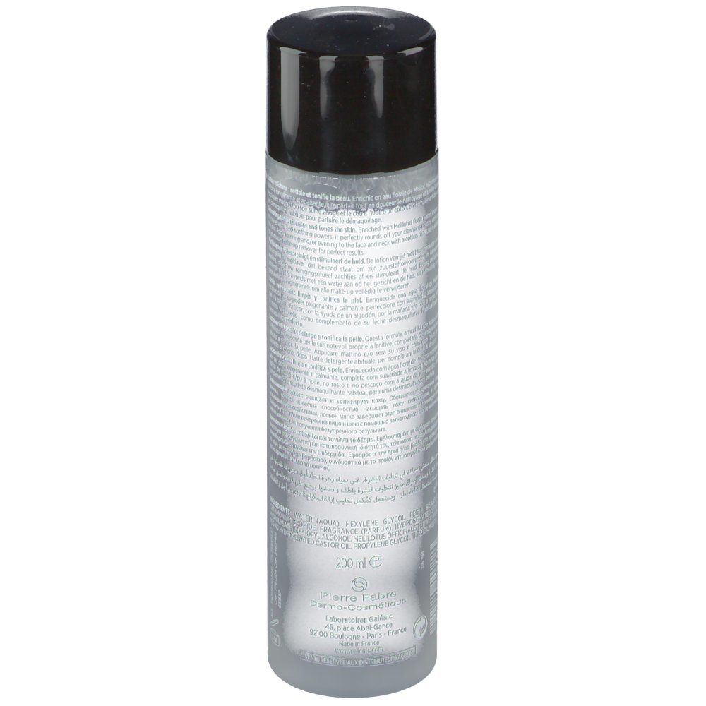 Galénic Lotion fraîcheur. Flacon transparent avec bouchon noir. Dos avec texte et indication de volume.