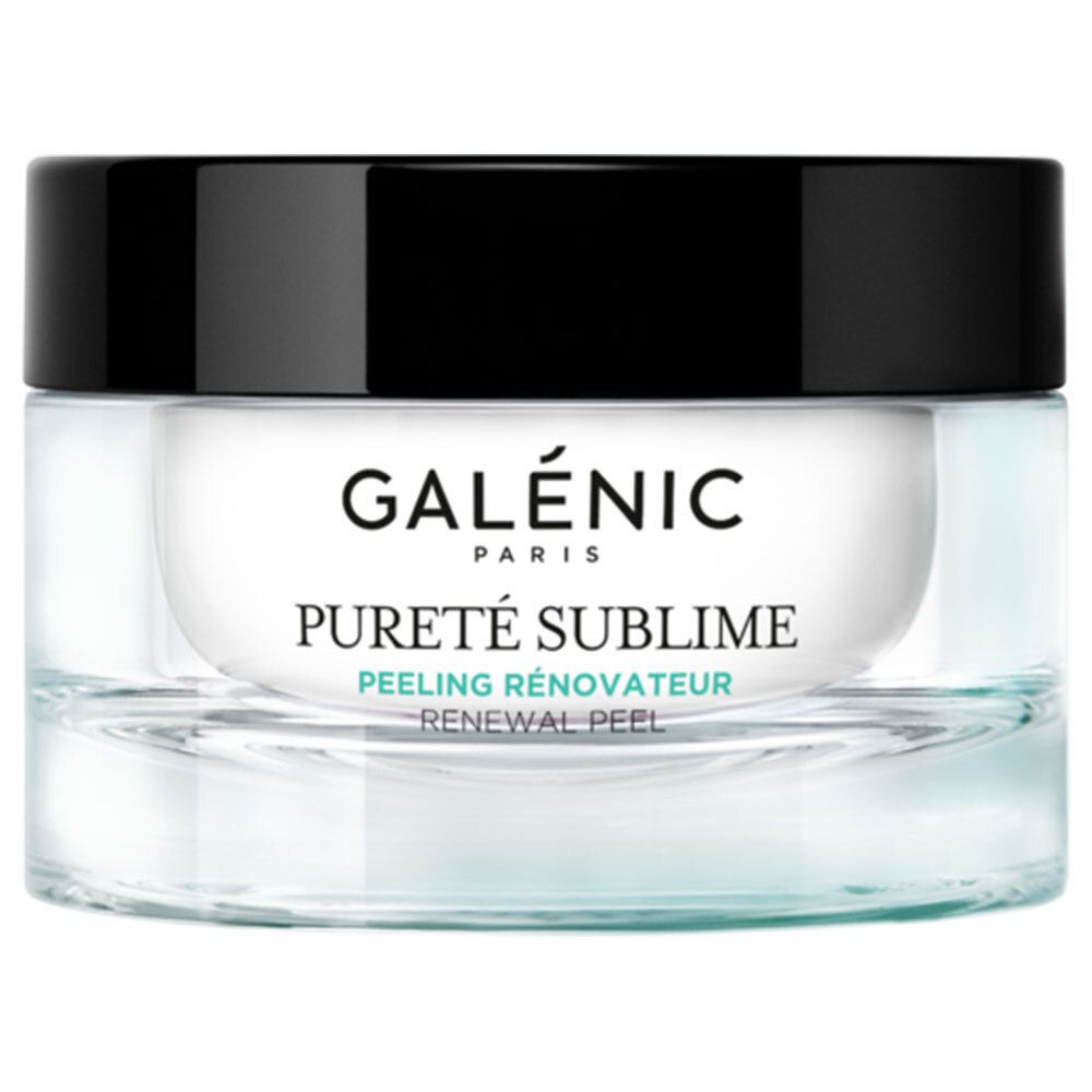 Glazen pot met zwarte deksel. Opschrift: GALÉNIC PARIS, PURETÉ SUBLIME, PEELING RÉNOVATEUR, RENEWAL PEEL.