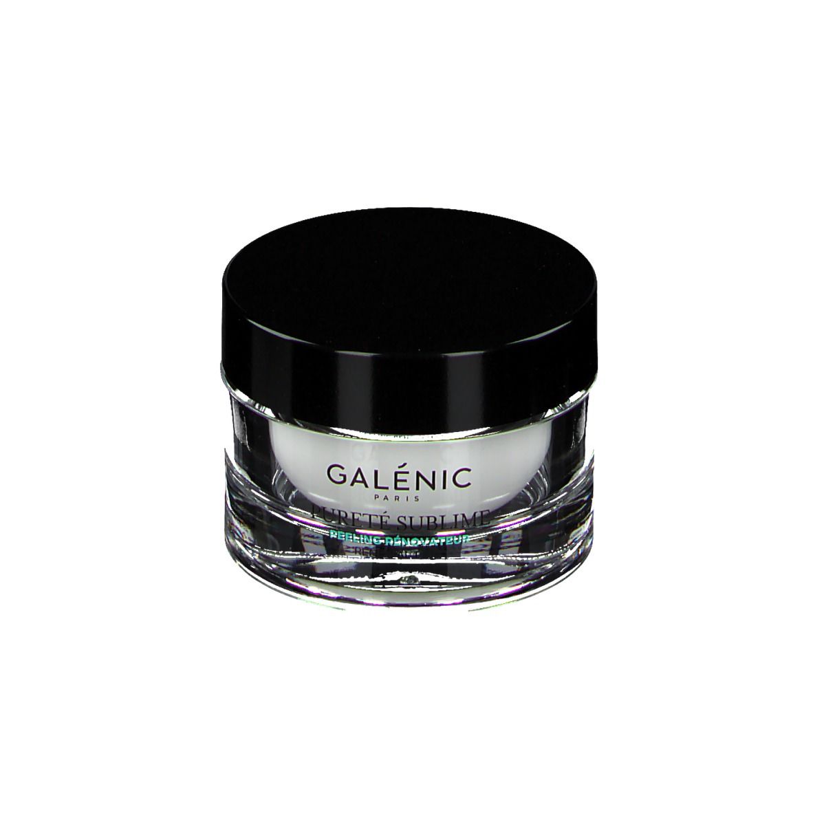 Ronde, heldere glazen pot met zwarte deksel. Opschrift: GALÉNIC, PURETÉ SUBLIME.