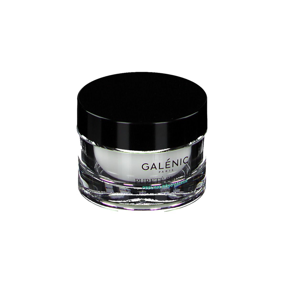 Ronde, heldere glazen pot met zwarte deksel. Opschrift: GALÉNIC, PURETÉ SUBLIME.