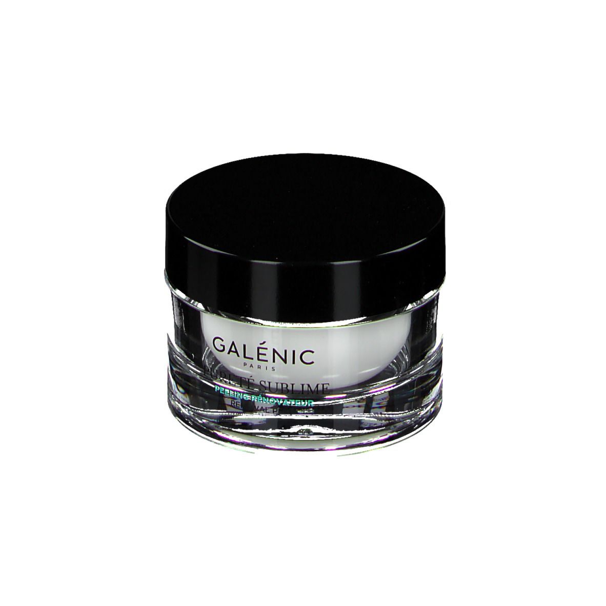 Ronde, heldere glazen pot met zwarte deksel. Opschrift: GALÉNIC, PURETÉ SUBLIME.