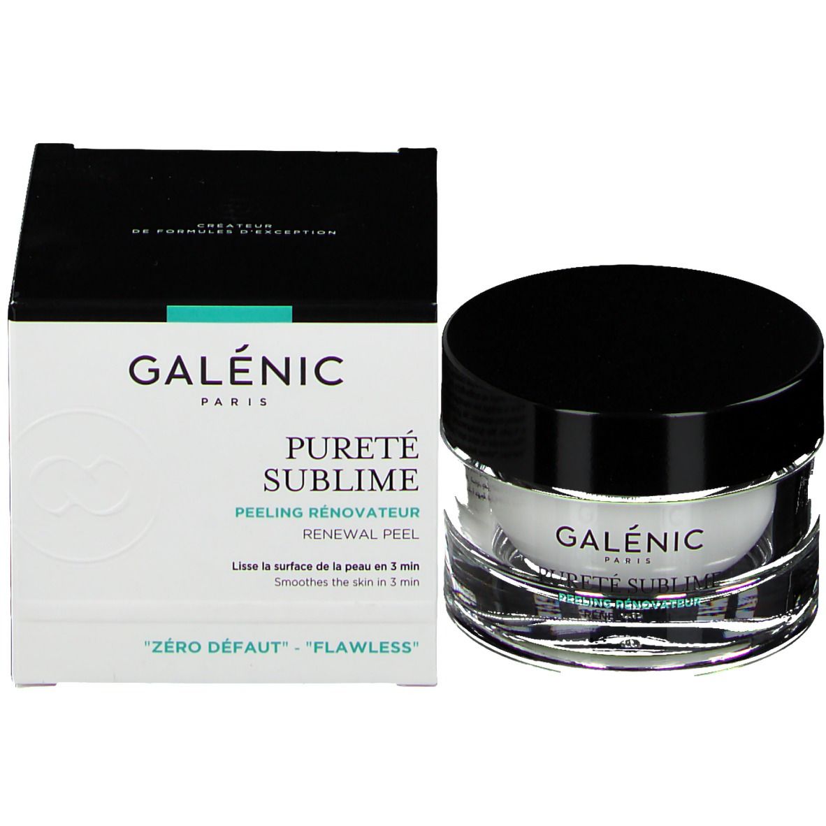 Productverpakking en glazen pot met zwarte deksel. Opschrift: GALÉNIC, PURETÉ SUBLIME.