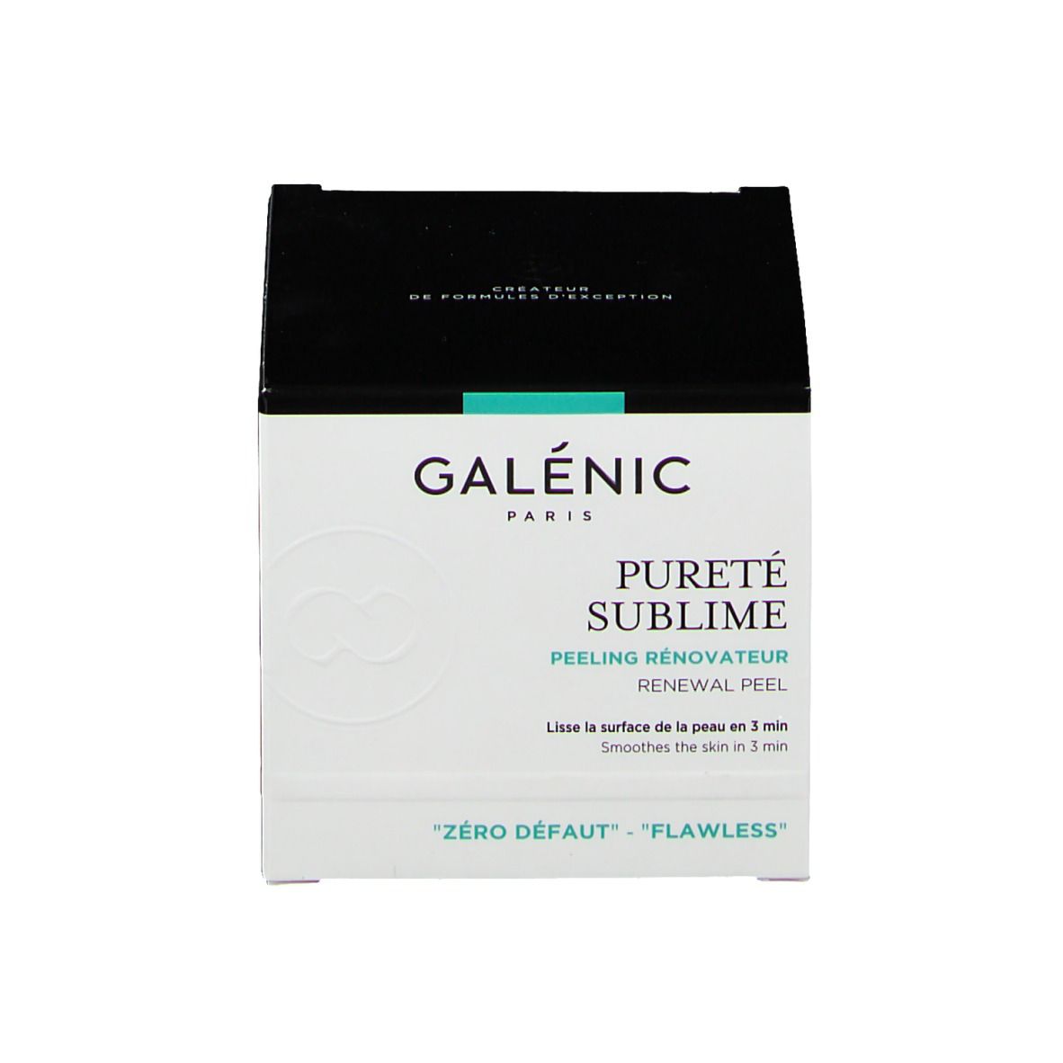 Productverpakking. Opschrift: GALÉNIC, PURETÉ SUBLIME, PEELING RÉNOVATEUR, RENEWAL PEEL.