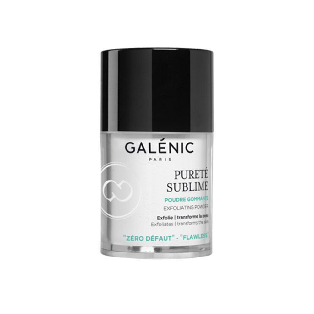 Galénic Reinheit Sublime Peeling Pulver. Flacon cylindrique noir et transparent. Inscriptions : Galénic Paris, Pureté Sublime, Exfoliating Powder.