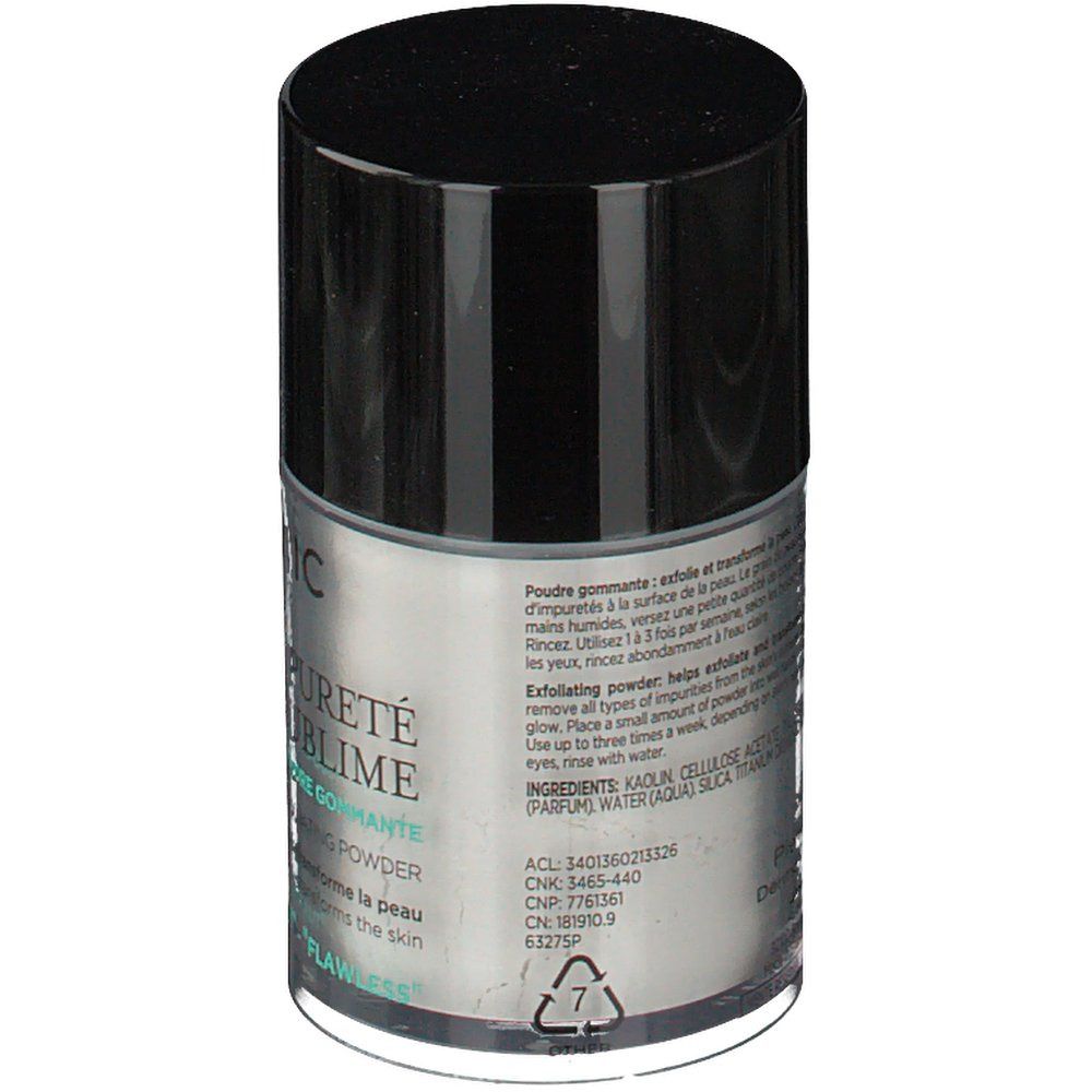 Galénic Reinheit Sublime Peeling Pulver. Vue arrière du flacon. Texte : Exfoliating Powder, ingrédients. Bouchon noir, flacon transparent, inscriptions argentées.