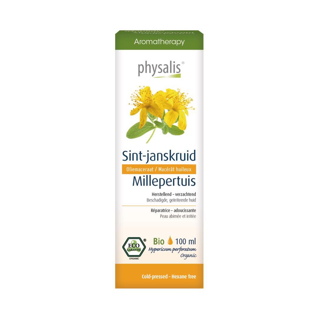 Verpakking met productnaam, bloemenillustratie en certificering. Groen-witte kleurstelling.