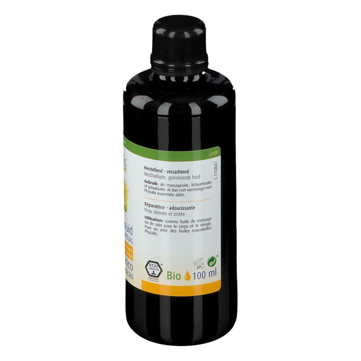 Rückseite der dunklen Flasche. Etikett mit Produktinformationen, Text in mehreren Sprachen und Zertifizierung.