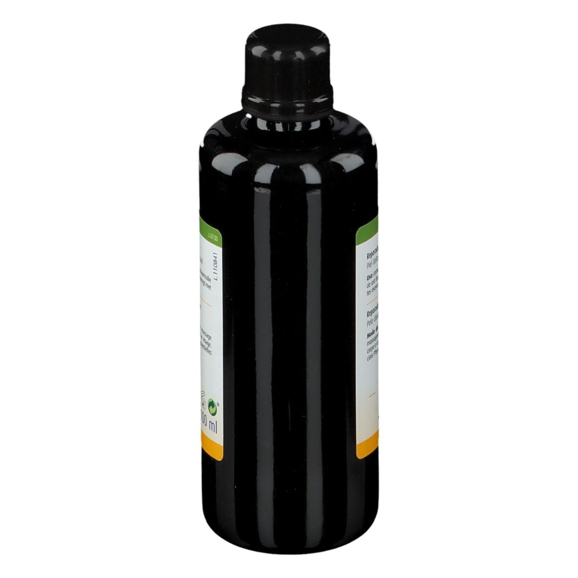 Dunkle Flasche mit schwarzem Verschluss. Etikett mit Produktinformationen, Text in mehreren Sprachen.