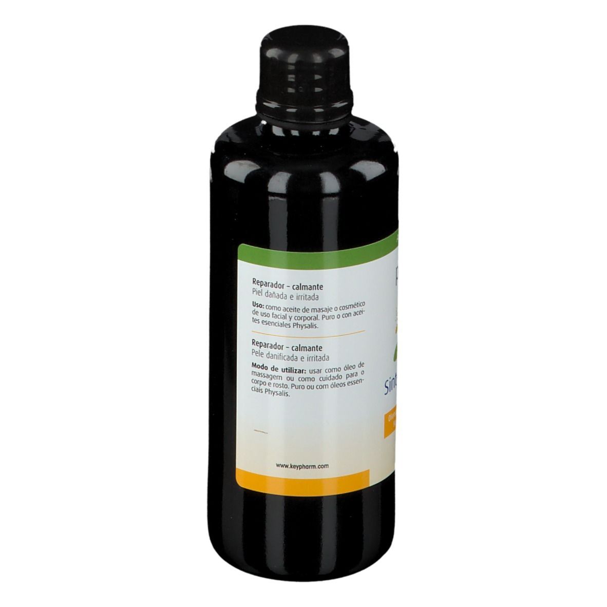 Rückseite der dunklen Flasche. Etikett mit Produktinformationen, Text in mehreren Sprachen.