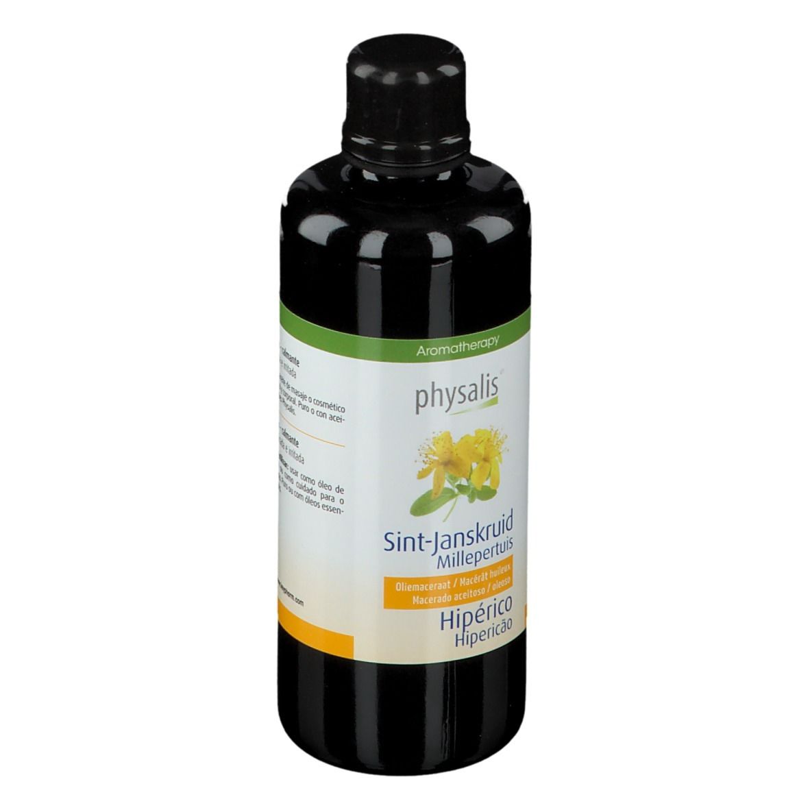 Dunkle Flasche mit schwarzem Verschluss. Etikett mit Produktnamen, floraler Abbildung und Zertifizierung.