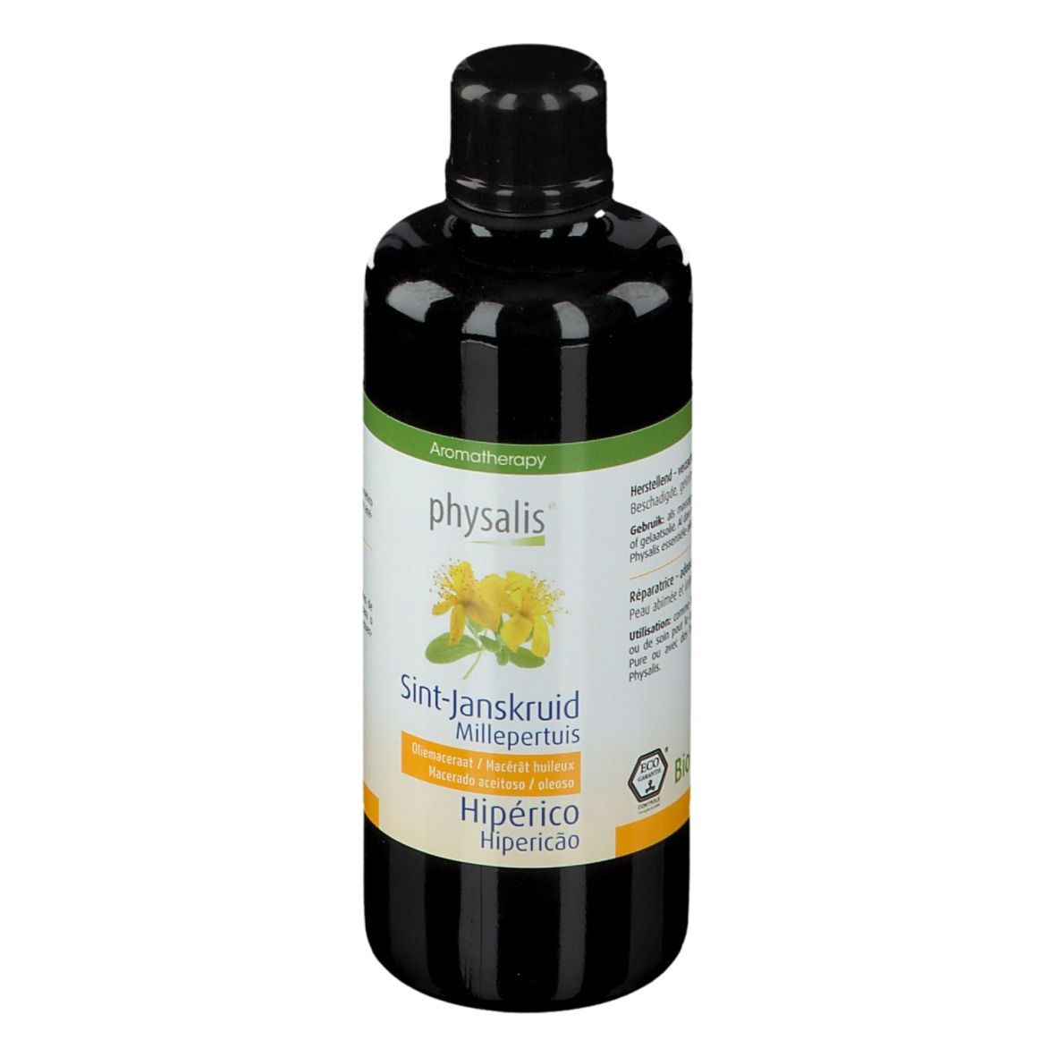 Dunkle Flasche mit schwarzem Verschluss. Etikett mit Produktnamen, floraler Abbildung und Zertifizierung.