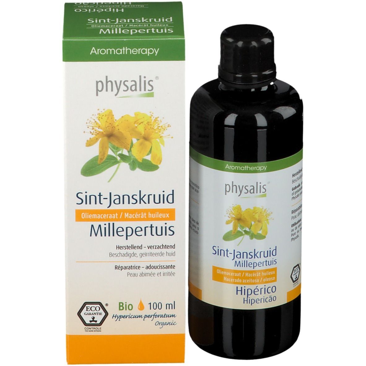Produktflasche und Verpackung. Flasche mit Etikett, Verpackung mit Produktnamen und floraler Abbildung.