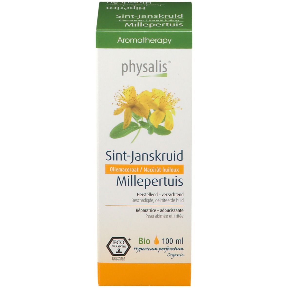 Verpackung mit Produktnamen, floraler Abbildung und Zertifizierung. Grün-weiße Farbgebung.