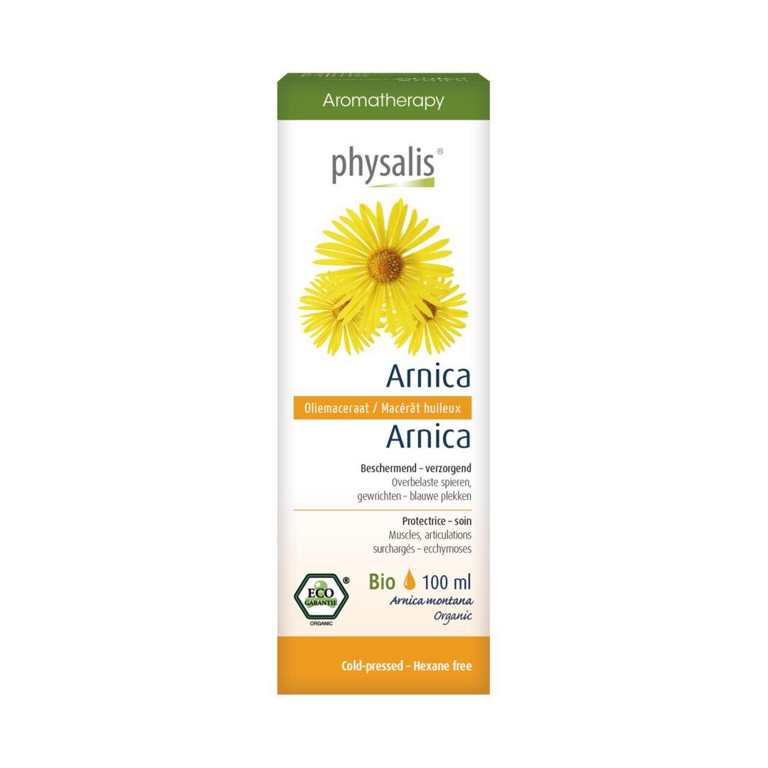 Productverpakking. Tekst: Arnica. Bio 100 ml. Koudgeperst.