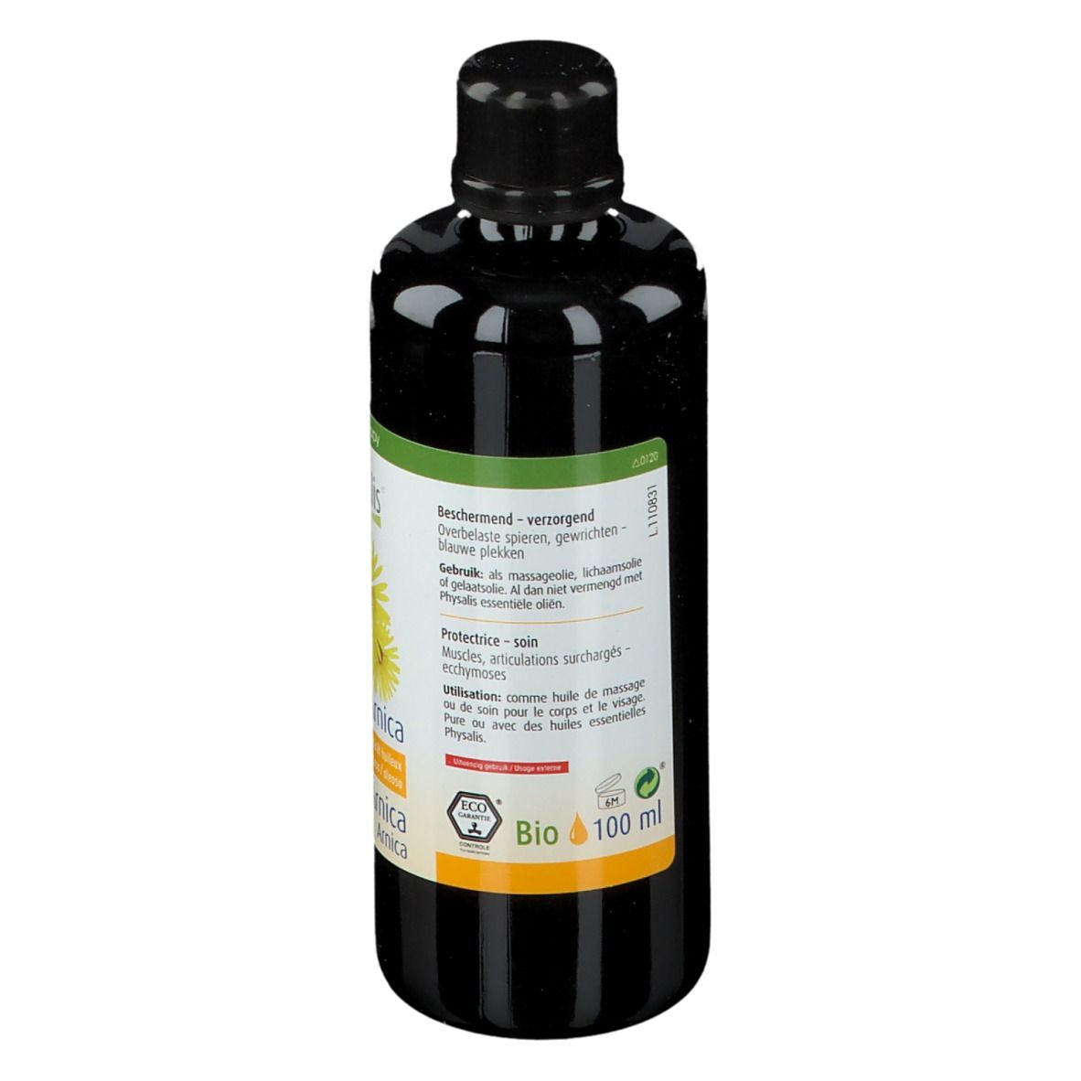 Achterkant van een bruine fles met zwarte dop. Etiket met tekst: Physalis Arnica. Bio 100 ml.