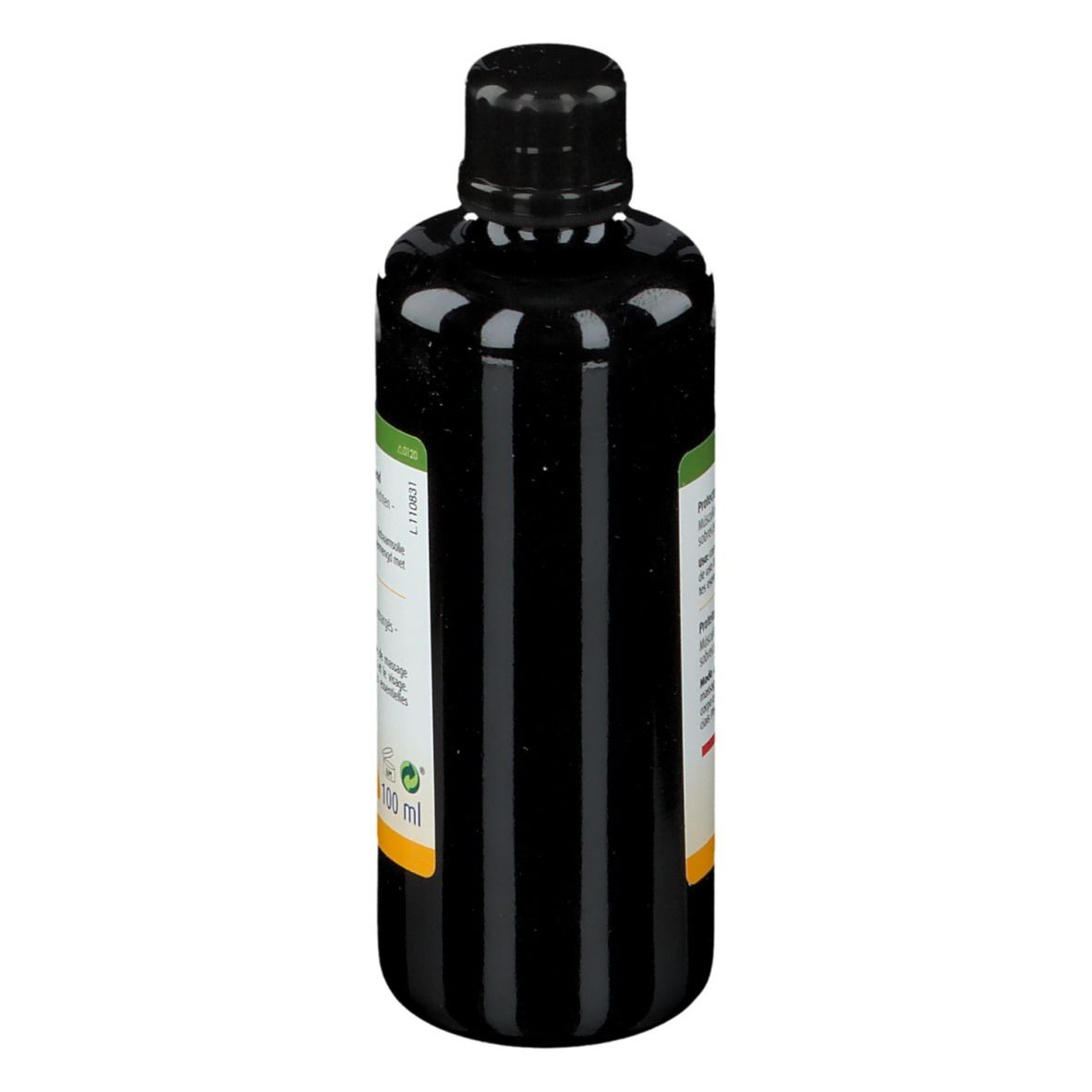 Bruine fles met zwarte dop. Etiket met tekst. Bio 100 ml.