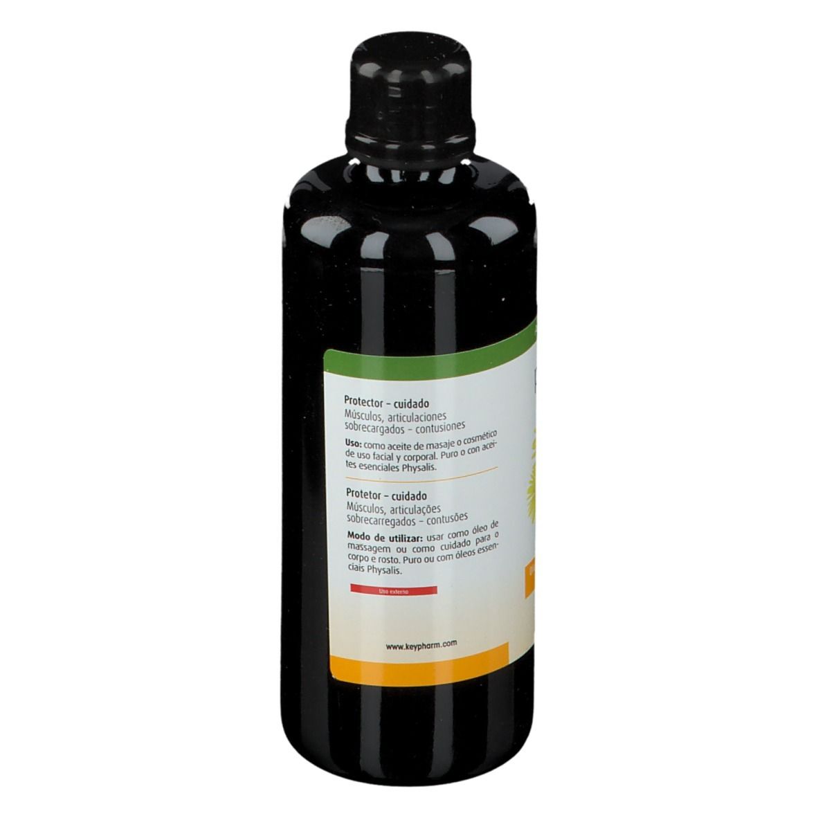 Bruine fles met zwarte dop. Etiket met tekst: Physalis Arnica. Bio.