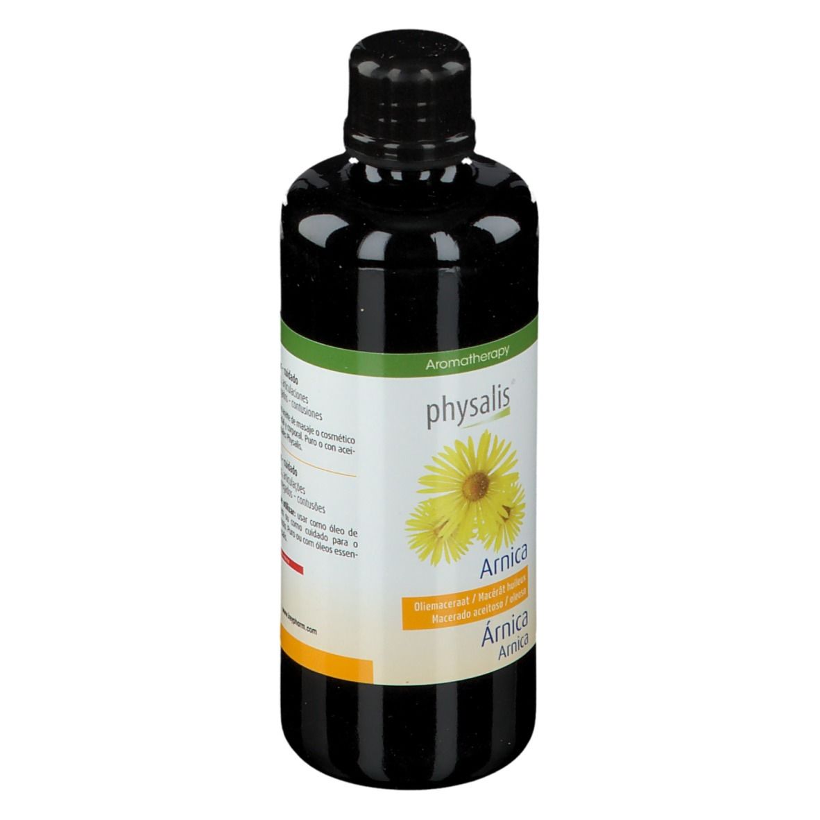 Bruine fles met zwarte dop. Etiket met gele bloemen en tekst: Physalis Arnica. Aromatherapie.