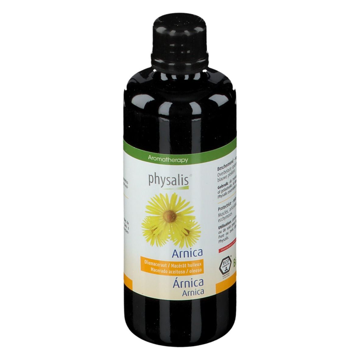 Bruine fles met zwarte dop. Etiket met gele bloemen en tekst: Physalis Arnica. Aromatherapie.