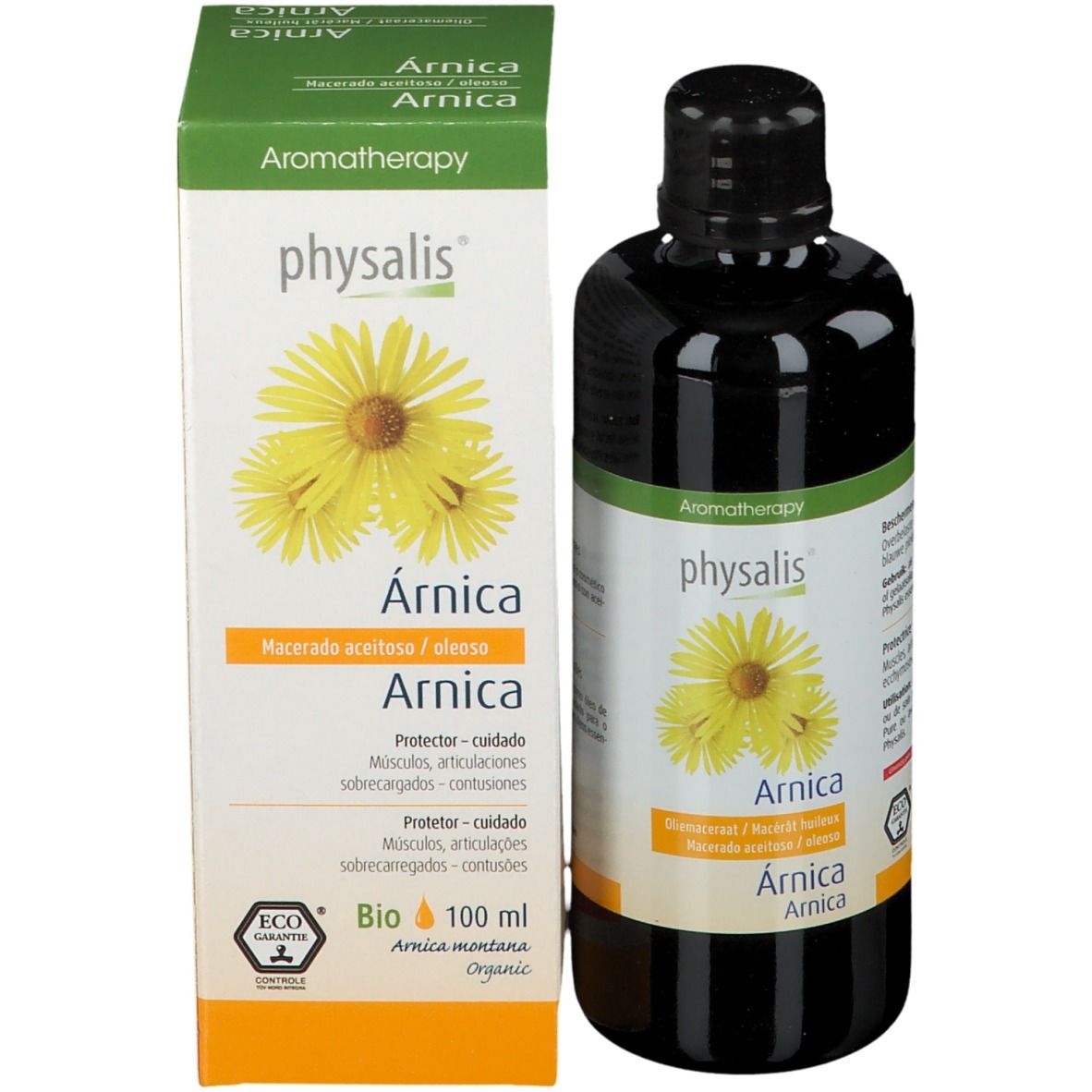 Productverpakking met fles. Fles: bruin, zwarte dop. Doos: groen, gele bloemen, tekst: Arnica.