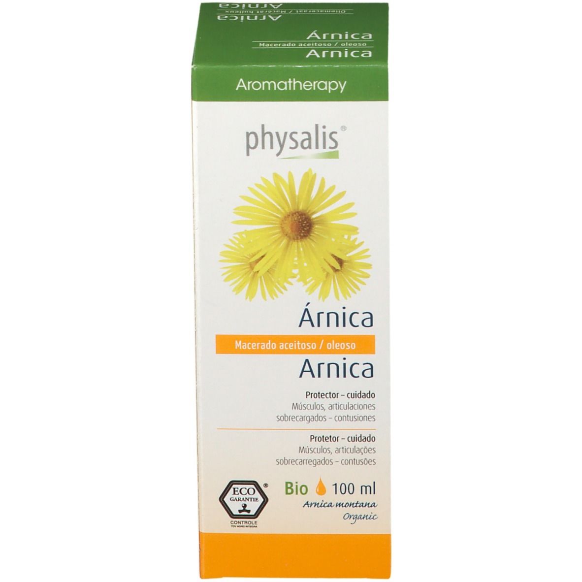 Groene productverpakking. Gele bloemen, tekst: Arnica. Bio 100 ml.